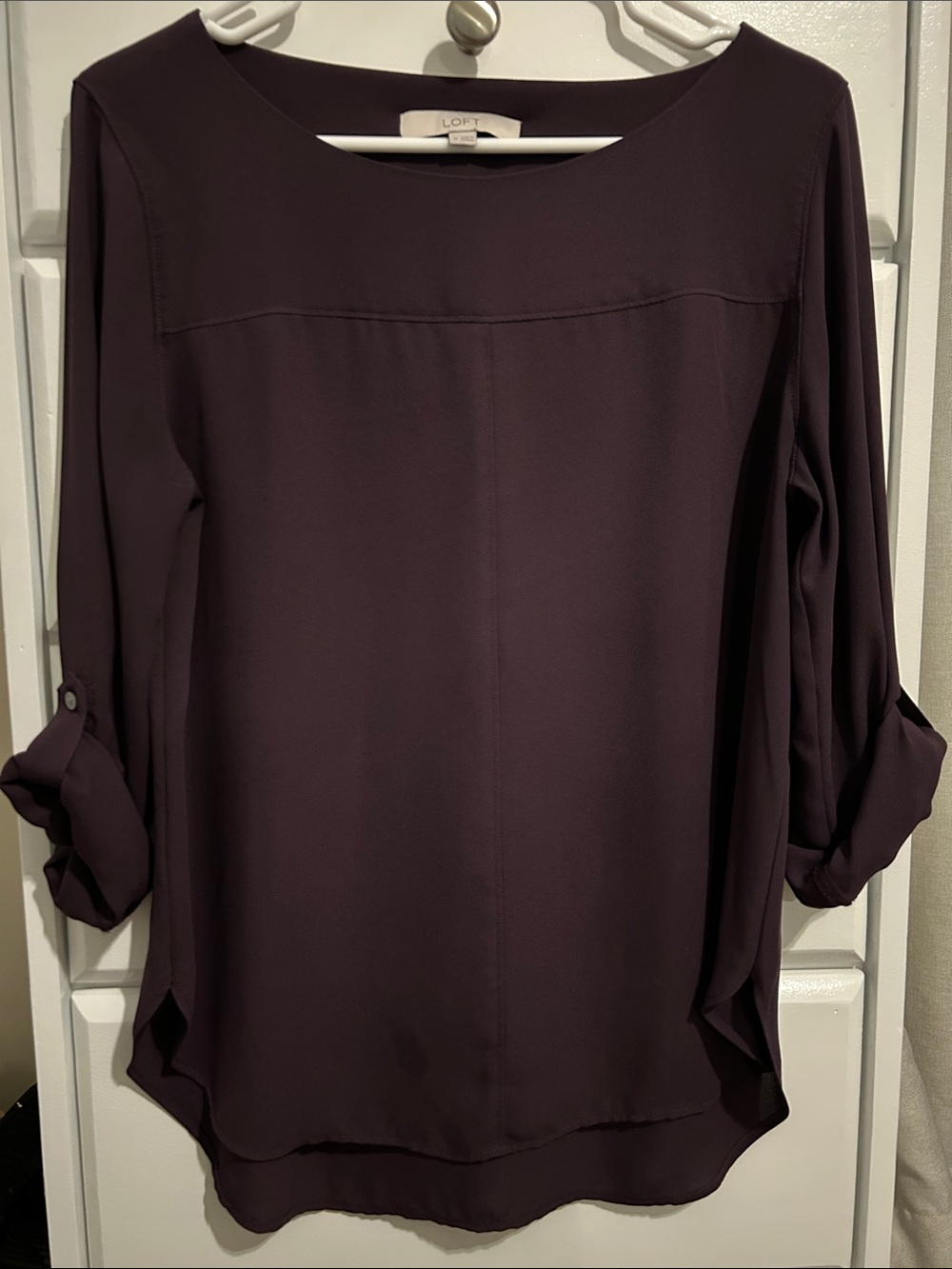 LOFT Deep Plum Long (Roll) Sleeve Boat Neck Tunic Blouse - Picture 3 of 5